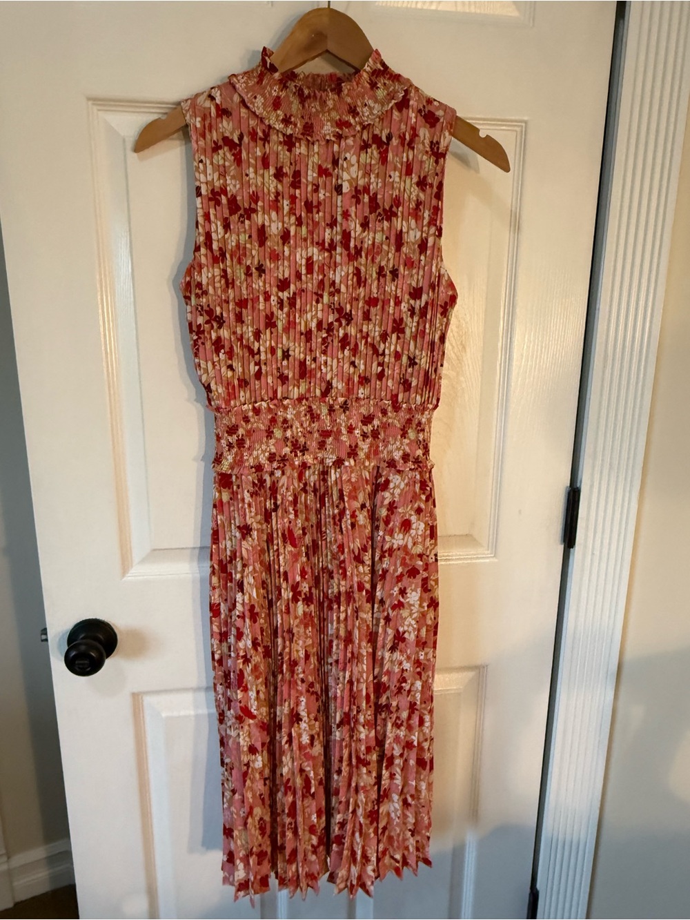 Nanette Lepore Pink and Cream Floral Pleated Midi Dress